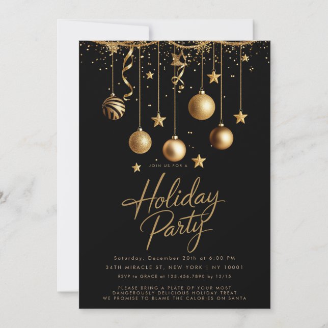 Invitación Fiesta de Navidades de Ornamentos de Black Gold (Anverso)
