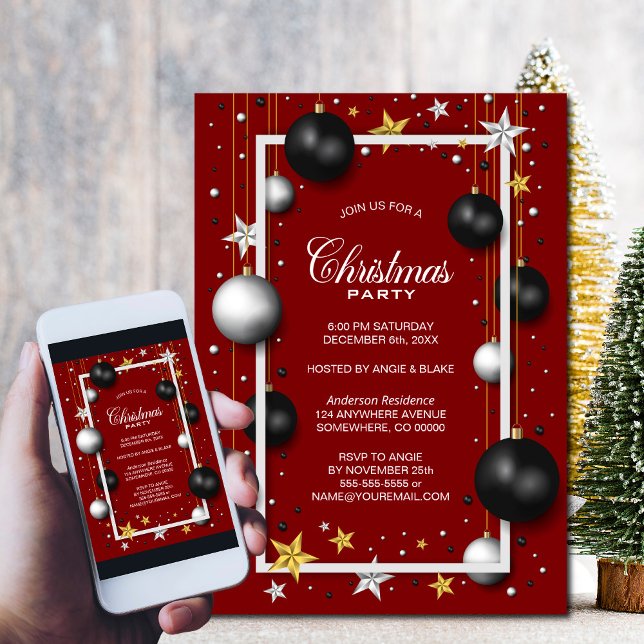 Invitación Fiesta de Navidades de Ornamentos de Navidad Roja (Subido por el creador)