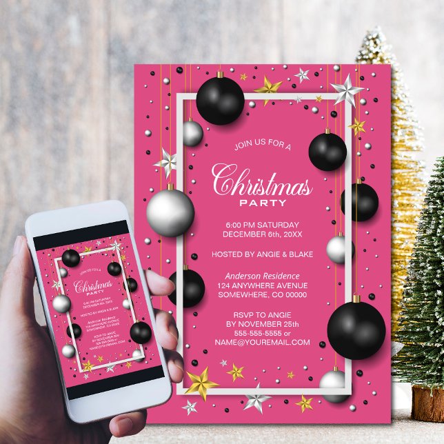 Invitación Fiesta de Navidades de Ornamentos de Navidad Rosa (Subido por el creador)