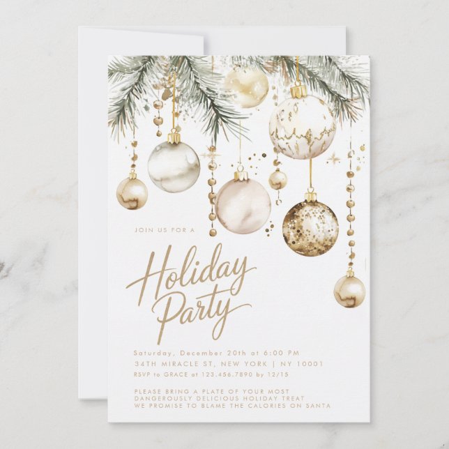 Invitación Fiesta de Navidades de Ornamentos de Rubor blancos (Anverso)