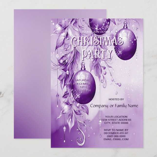 Invitación Fiesta de Navidades de ornamentos morados (Anverso / Reverso)