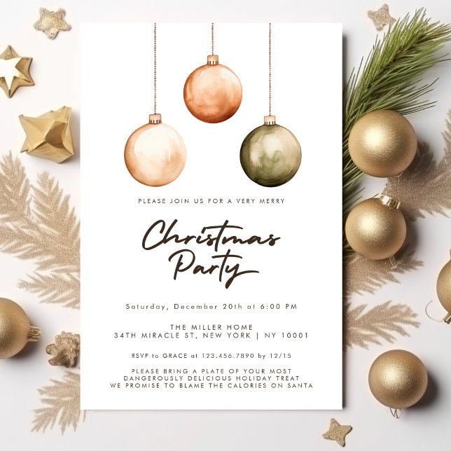 Invitación Fiesta de Navidades de Ornamentos Naturales Verdes (Minimalist Green Natural Ornaments Christmas Party Invitation)