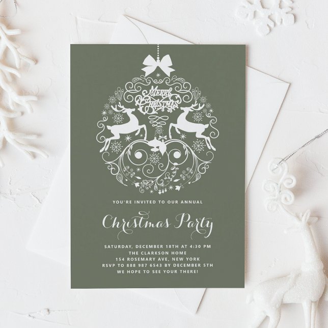 Invitación Fiesta de Navidades de Ornamentos Ornatos Verdes (Taupe Green Festive Ornate Ornament Christmas Party Invitation)