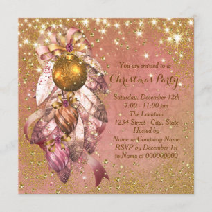 Invitación Fiesta de Navidades de ornamentos rosados y dorado