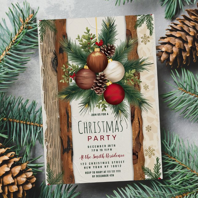 Invitación Fiesta de Navidades de Ornamentos Rústicos Marrone (Rustic red Brown Ornaments Christmas Party )
