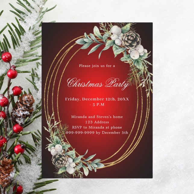 Invitación Fiesta de Navidades de oro rojo de pino cino (Subido por el creador)