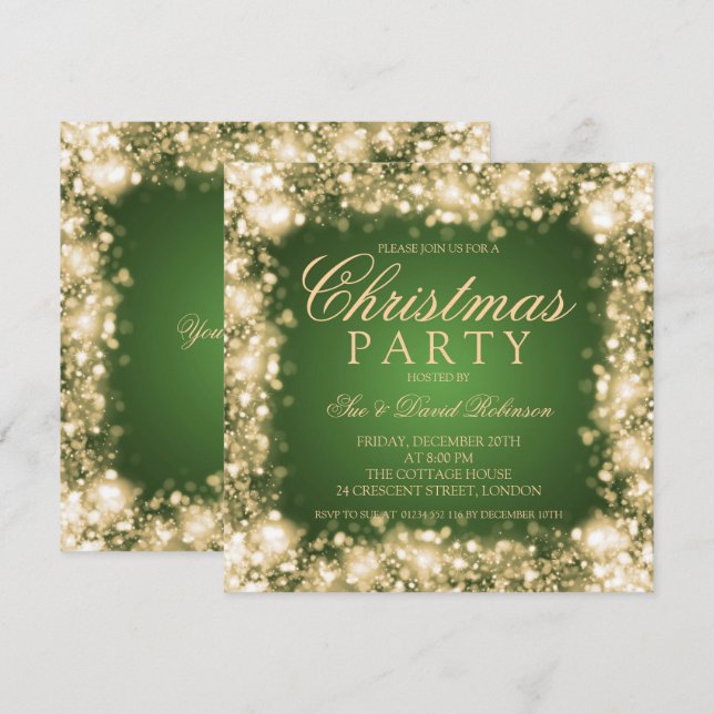 Invitación Fiesta de Navidades de oro verde resplandeciente (Anverso / Reverso)