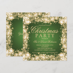 Invitación Fiesta de Navidades de oro verde resplandeciente