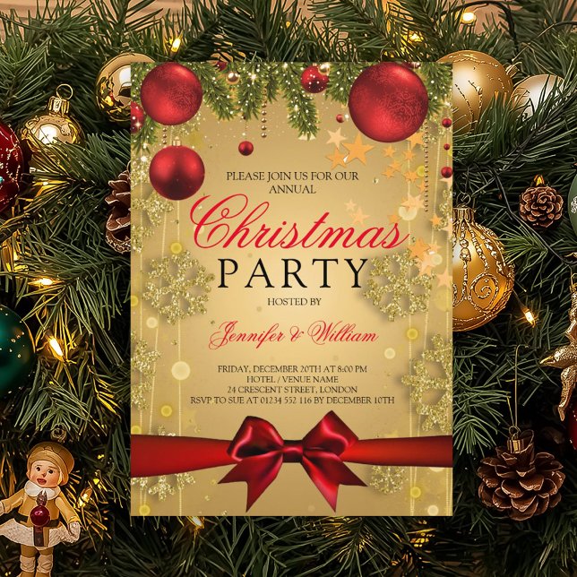 Invitación Fiesta de Navidades de oro y glam rojo (Gold & Red Glam Christmas Holiday Party Invitation)
