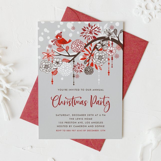 Invitación Fiesta de Navidades de pájaros rojos y flores fest (Subido por el creador)