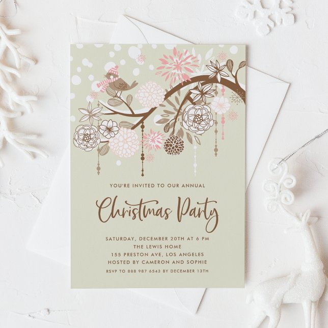 Invitación Fiesta de Navidades de pájaros y flores rosadas fe (Subido por el creador)