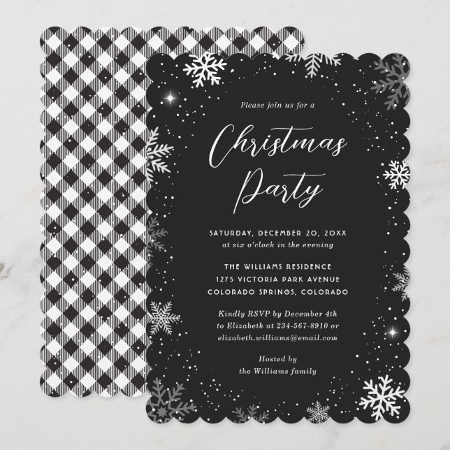 Invitación Fiesta de Navidades de papel blanco negro y nieve  (Anverso / Reverso)