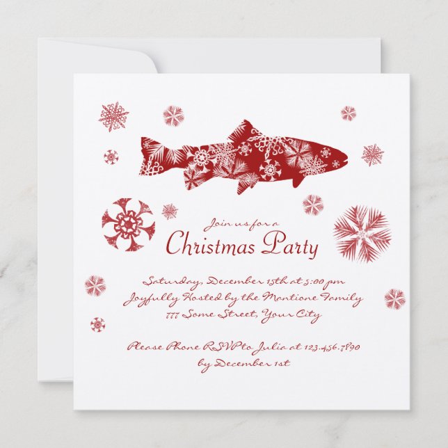 Invitación Fiesta de Navidades de peces blancos y rojos festi (Anverso)