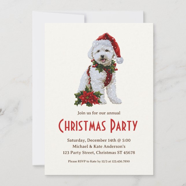 Invitación Fiesta de Navidades de perro blanco Bichon Frise S (Anverso)