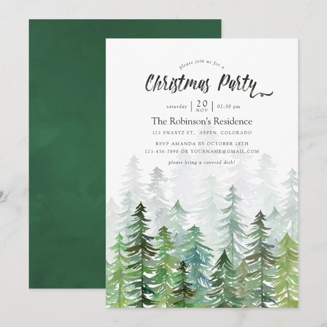 Invitación Fiesta de Navidades de Pine Trees acuarela (Anverso / Reverso)