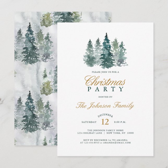 Invitación Fiesta de Navidades de pino rústico acuarela (Anverso / Reverso)