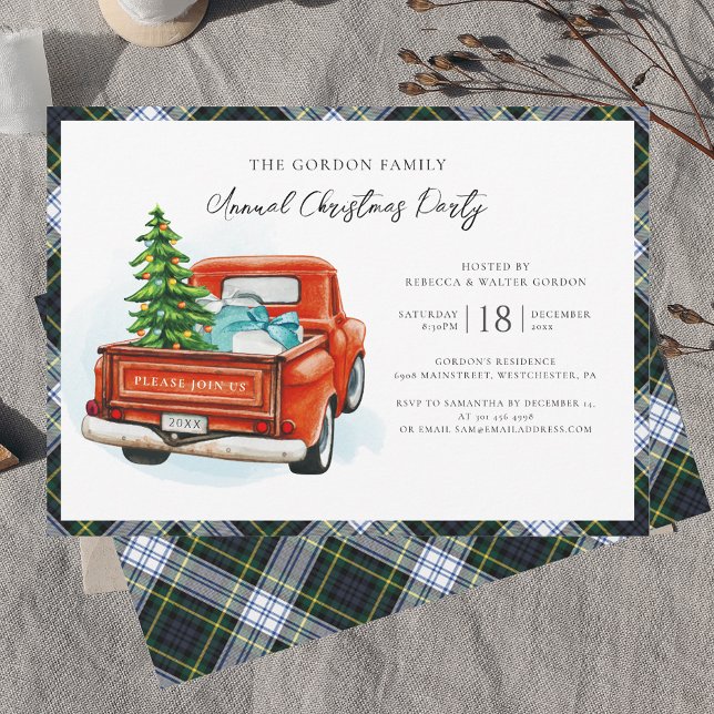 Invitación Fiesta de Navidades de Plaid Red Truck Gordon Tart (Rustic Christmas Party Invitation with Red Truck Gordon Tartan)