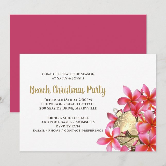 Invitación Fiesta de Navidades de Playa de Plumeria Rosa (Anverso / Reverso)