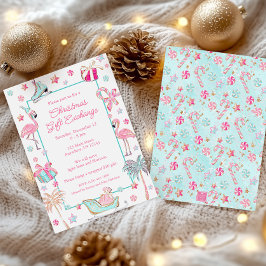 Invitación Fiesta de Navidades de playa Rosa y Aqua Flamingo