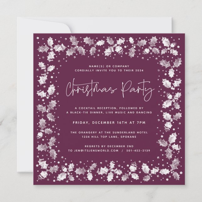 Invitación Fiesta de Navidades de Plum Hand Printed Holly+Ber (Anverso)