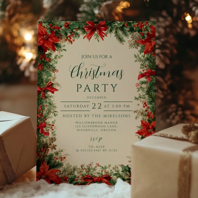 Invitación Fiesta de Navidades de Poinsettia Pine Rústica (Subido por el creador)