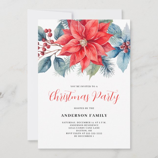 Invitación Fiesta de Navidades de Poinsettia Roja (Anverso)