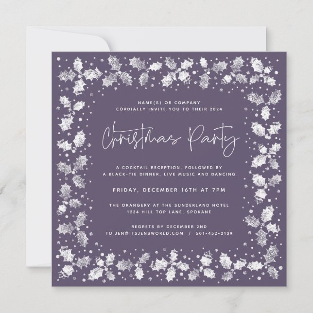 Invitación Fiesta de Navidades de Purple Hand Printed Holly+B (Anverso)