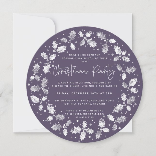 Invitación Fiesta de Navidades de Purple Hand Printed Holly+B (Anverso)