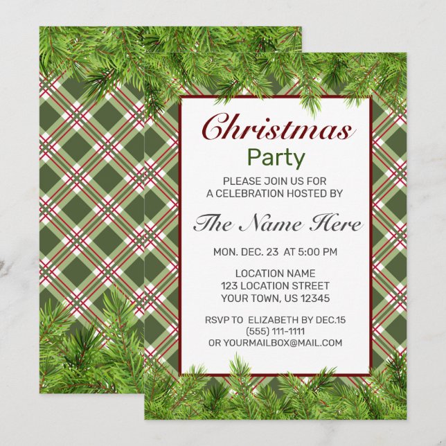 Invitación Fiesta de Navidades de ramas verdes rojas y pino (Anverso / Reverso)