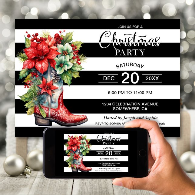 Invitación Fiesta de Navidades de rayas negras de Cowboy Boot (Subido por el creador)