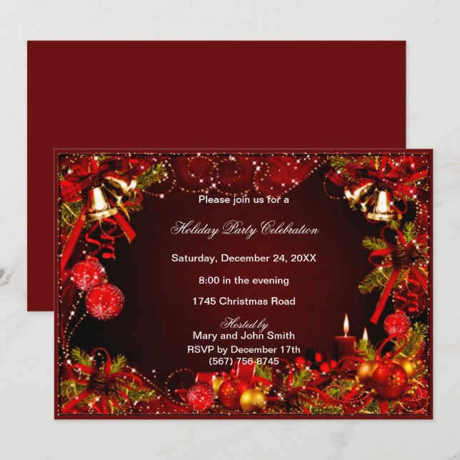 Invitación Fiesta de Navidades de Red Baubles Bells Candles (Anverso / Reverso)