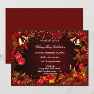 Invitación Fiesta de Navidades de Red Baubles Bells Candles