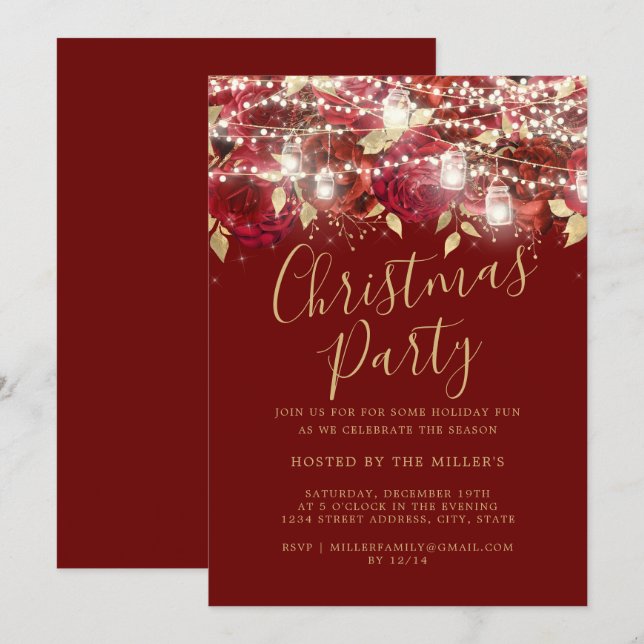 Invitación Fiesta de Navidades de Red Gold Foliage Lights (Anverso / Reverso)