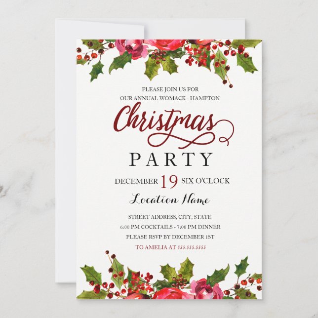 Invitación Fiesta de Navidades de Red Green Watercolor Holly  (Anverso)