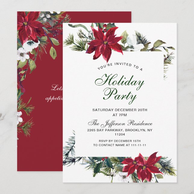 Invitación Fiesta de Navidades de Red Poinsettia Holly Navida (Anverso / Reverso)
