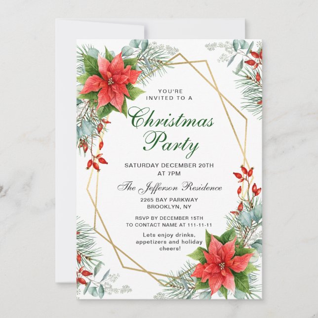 Invitación Fiesta de Navidades de Red Poinsettia Holly Navida (Anverso)