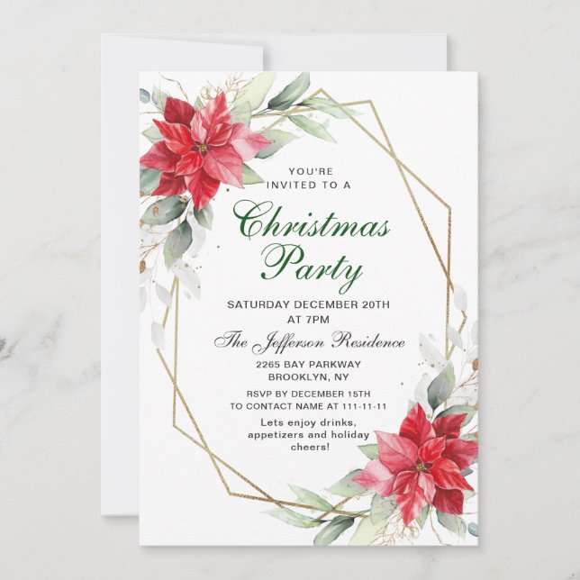Invitación Fiesta de Navidades de Red Poinsettia Holly Navida (Anverso)