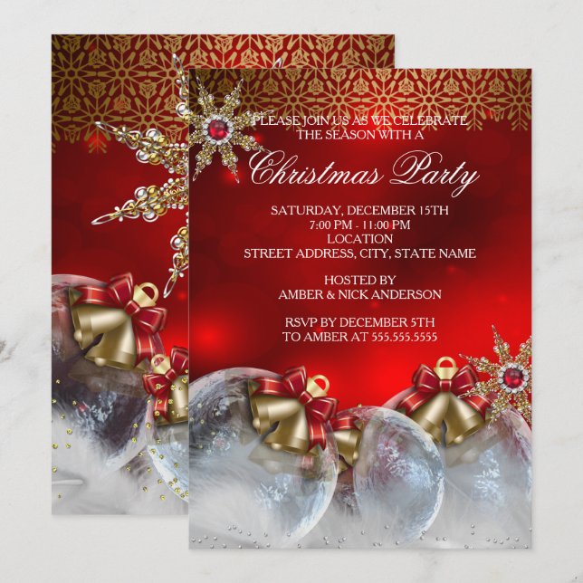 Invitación Fiesta de Navidades de Red Silver Gold Holly Baubl (Anverso / Reverso)