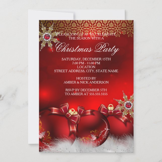 Invitación Fiesta de Navidades de Red Silver Gold Holly Baubl (Anverso)