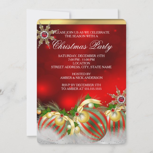 Invitación Fiesta de Navidades de Red Silver Gold Holly Baubl (Anverso)