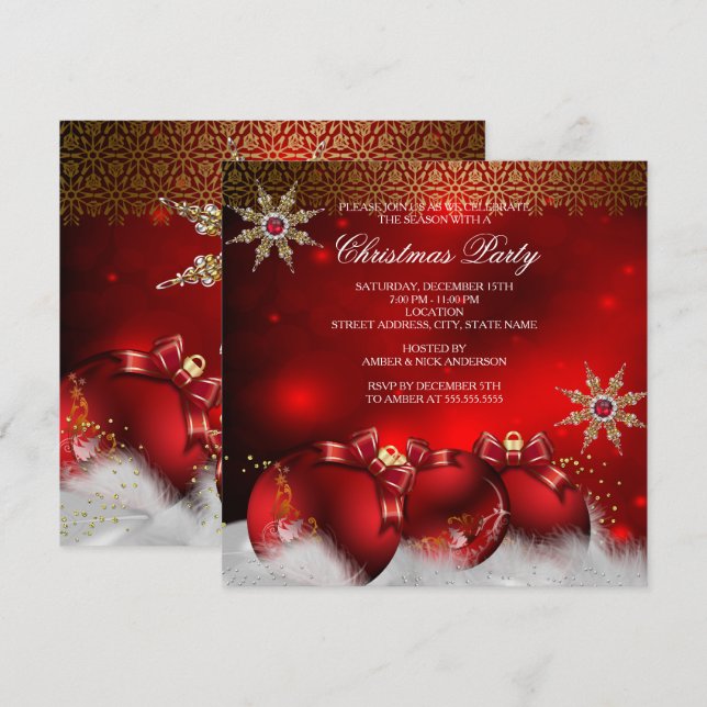 Invitación Fiesta de Navidades de Red Silver Gold Holly Baubl (Anverso / Reverso)