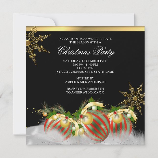 Invitación Fiesta de Navidades de Red Silver Gold Holly Baubl (Anverso)