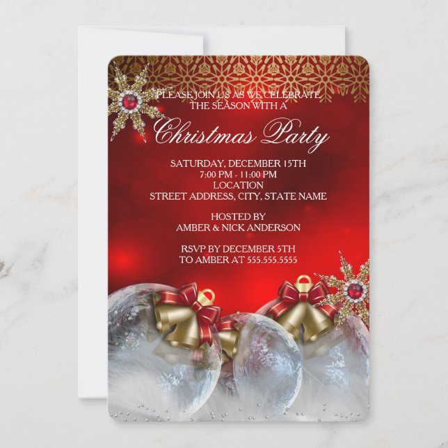 Invitación Fiesta de Navidades de Red Silver Gold Holly Baubl (Anverso)