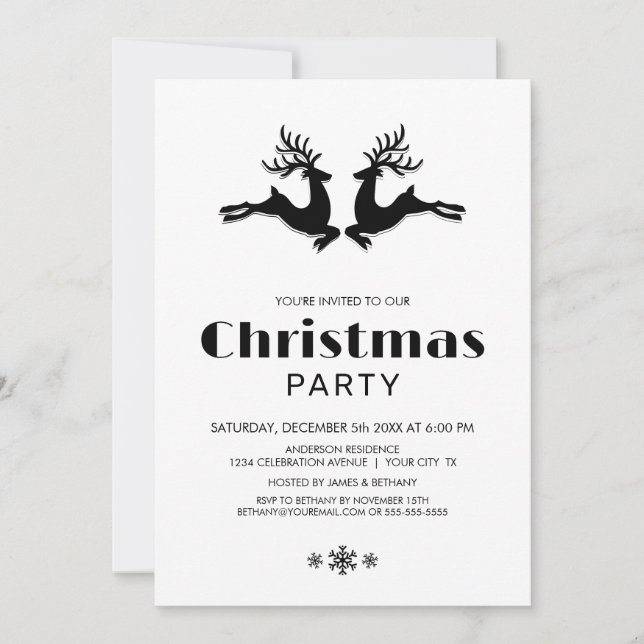 Invitación Fiesta de Navidades de renos blancos negros (Anverso)