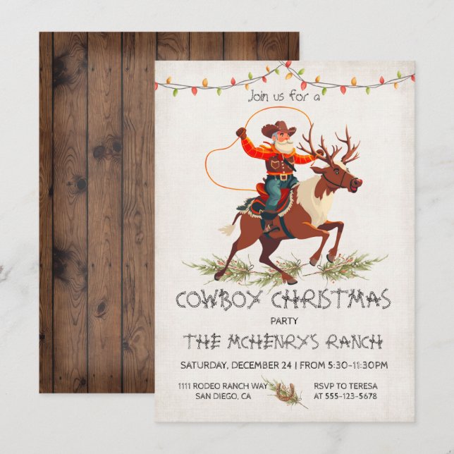 Invitación Fiesta de Navidades de renos Cowboy Santa (Anverso / Reverso)