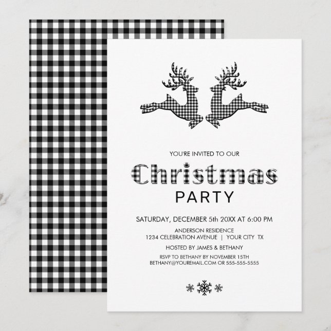 Invitación Fiesta de Navidades de renos de búfalo blanco negr (Anverso / Reverso)