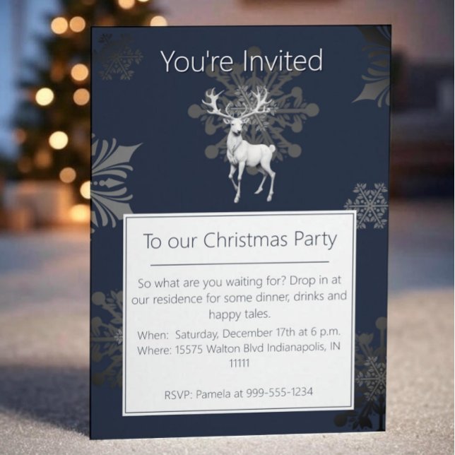 Invitación Fiesta de Navidades de renos de marfil | Azul (Blue Ivory Reindeer Christmas Party Invitation)