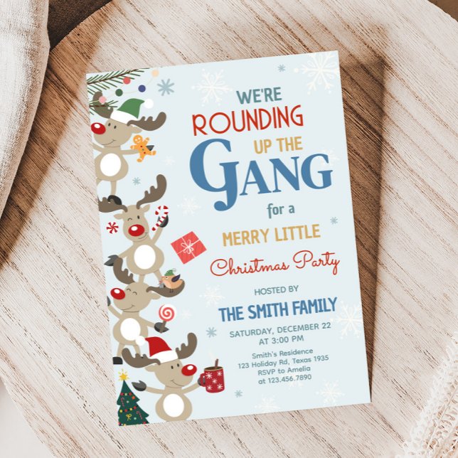 Invitación Fiesta de Navidades de renos divertidos (We're Rounding Up the Gang Reindeer Christmas Party Invitation)