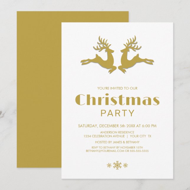 Invitación Fiesta de Navidades de renos dorados (Anverso / Reverso)