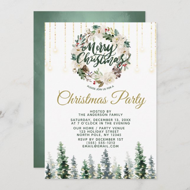 Invitación Fiesta de Navidades de Rustic Wreath Forest (Anverso / Reverso)